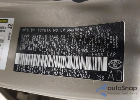 2009 Toyota Corolla Le z USA, uszkodzony, nr VIN 2T1BU40E99C022372